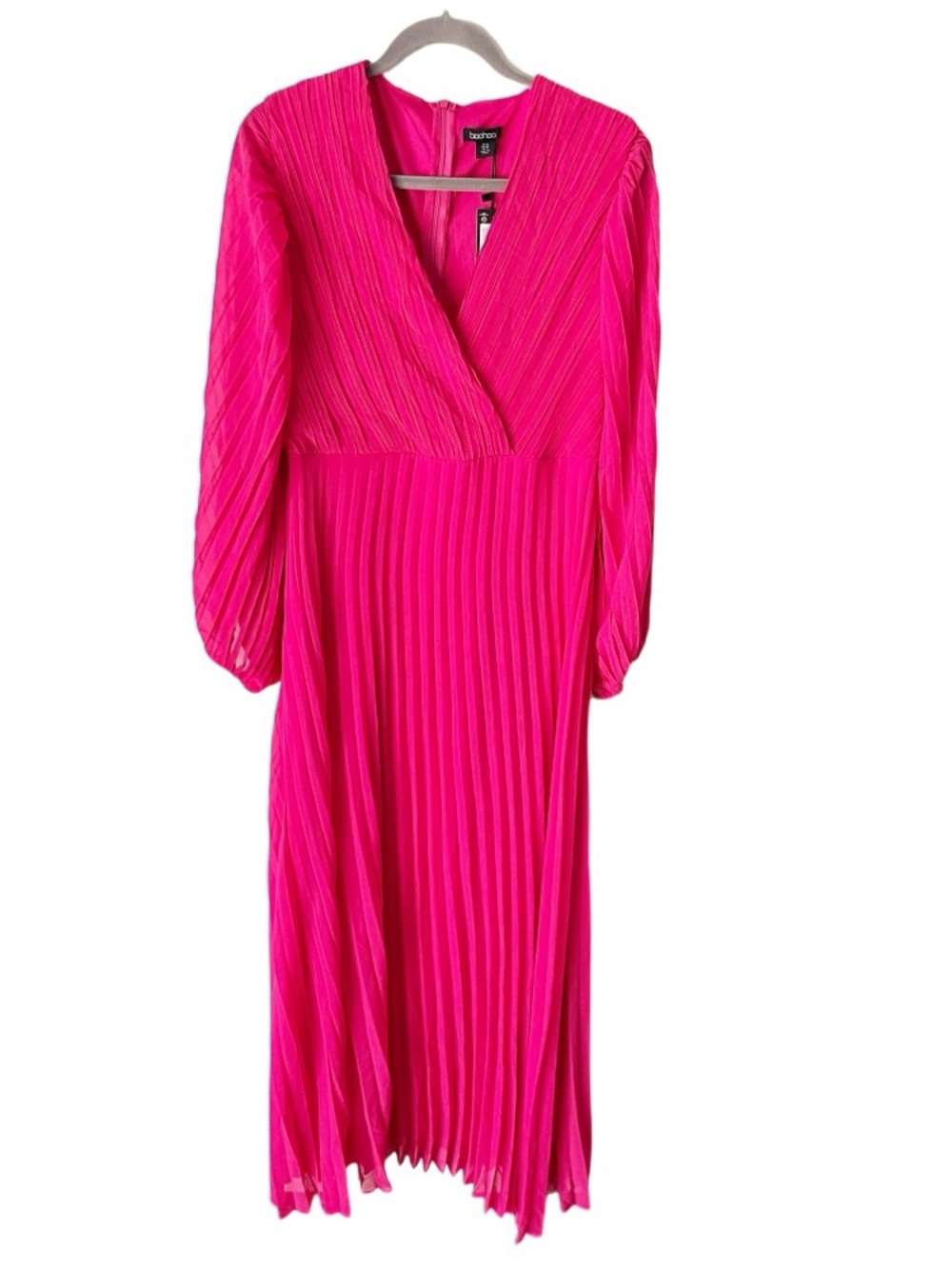 Boohoo Maxi Dress Women's 14 Pink Pleated Wrap‎ Style Balloon Sleeves NWT Glam